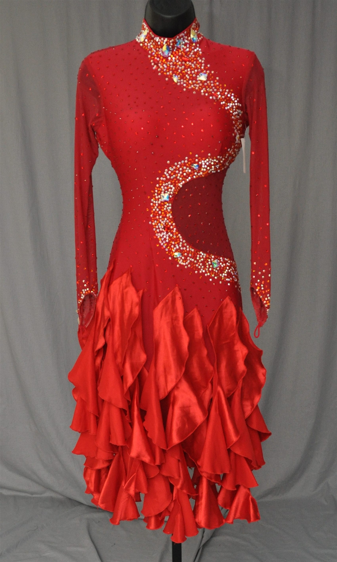Red Ruffle Long Mesh Sleeves Sexy Latin Dress