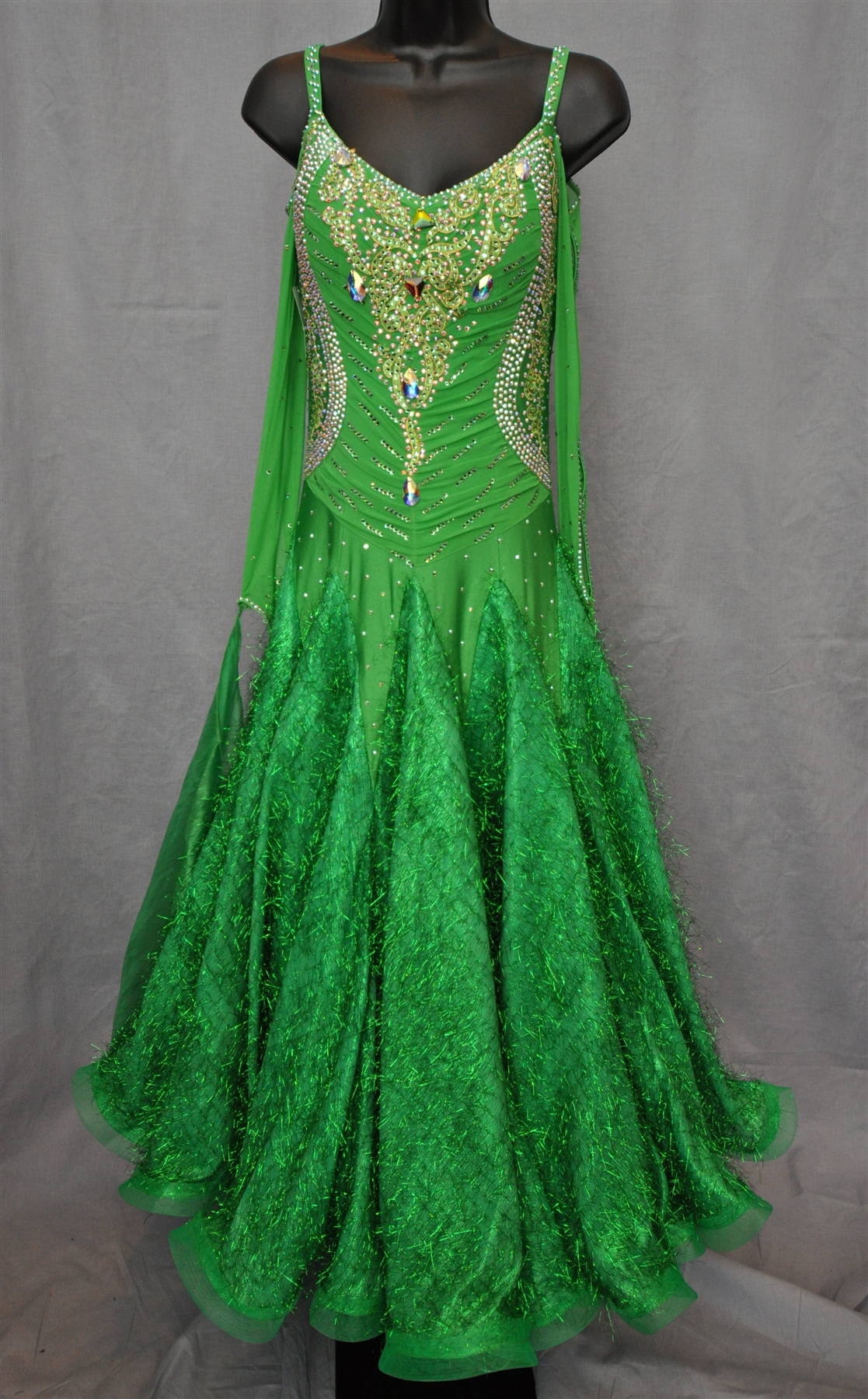 Drop Shoulder Long Sleeves Green Swarovski Ballroom Dress